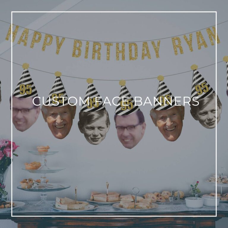 95th birthday custom face photo banners showing birthday boy at different ages hung above party dessert table