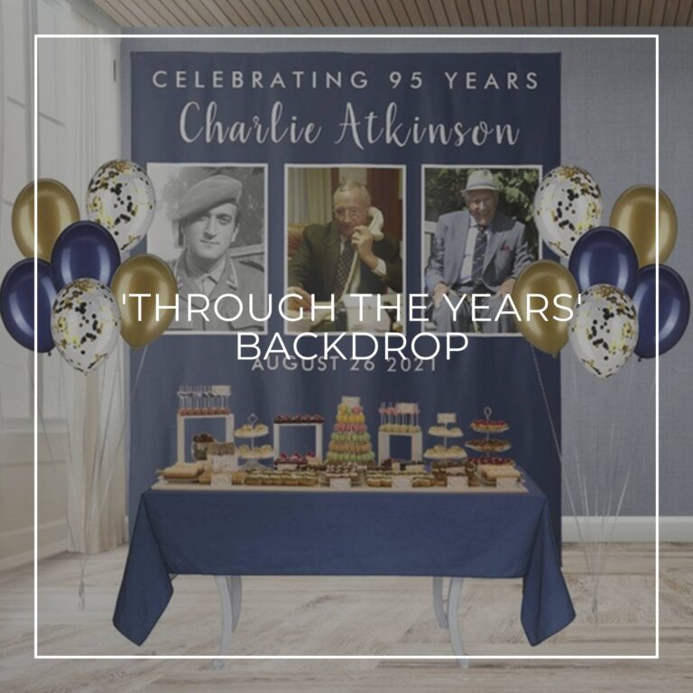 Celebrating 95 Years custom photo birthday backdrop behind a party dessert table