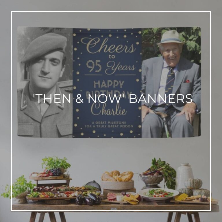Cheers to 95 Years custom 'Then & Now' photo birthday banner decorations hung above party food table