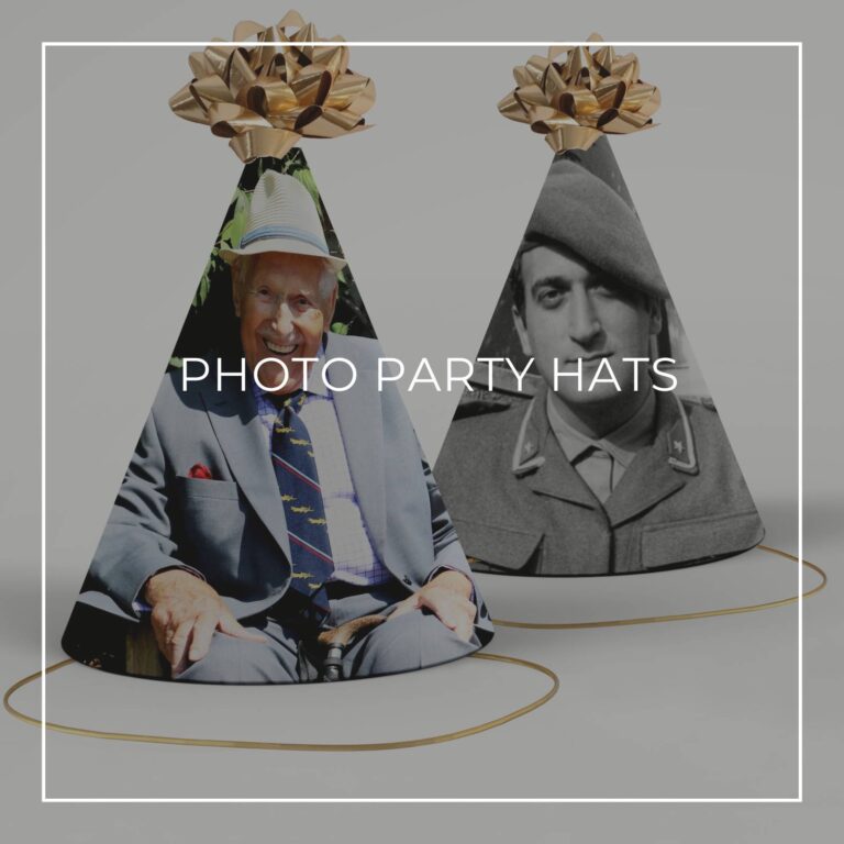 color and black & white photo party hats showing the 95th birthday boy now and as a young man