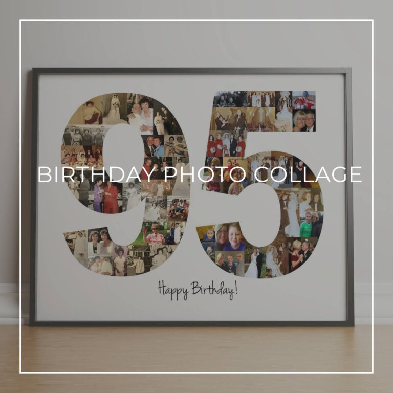framed Happy 95th Birthday photo collage with the numbers 95 made up of 'through the years' style photos of the birthday girl at different ages