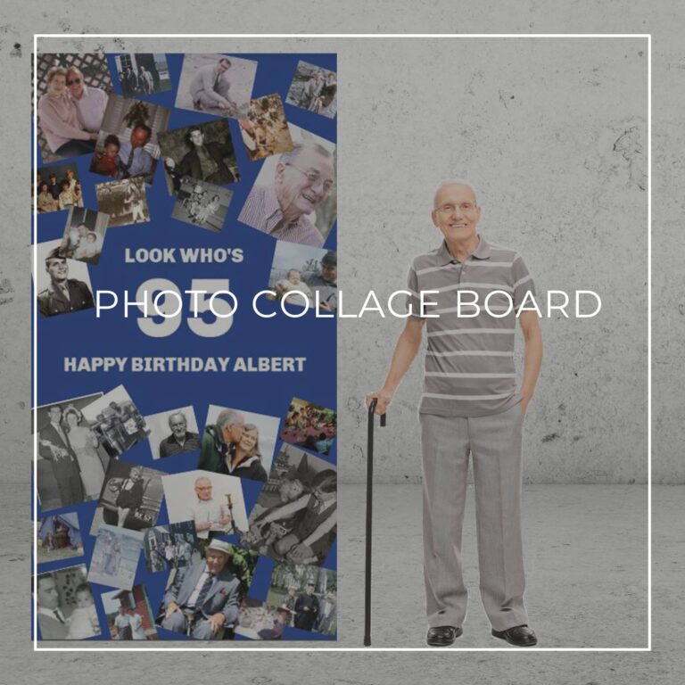 Look who's 95 freestanding 95th birthday photo collage board decoration showing photos of the birthday boy through the years