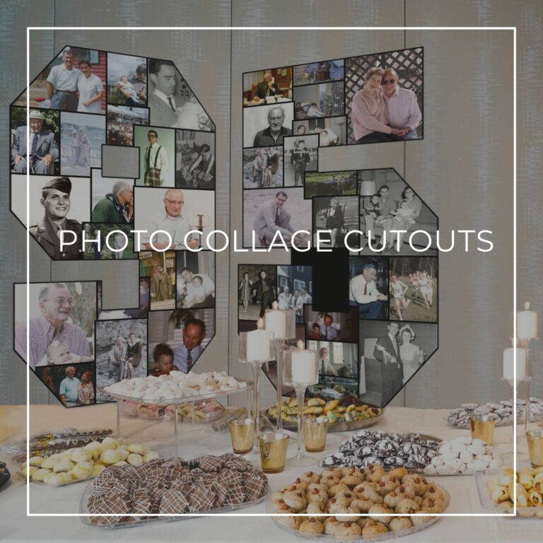 number 95 'through the years' photo collage cutout decorations standing on a party dessert table showing photos of the 95th birthday boy