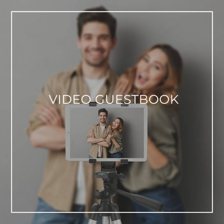 couple recording a video message on a tablet on a tripod for a 95th birthday party