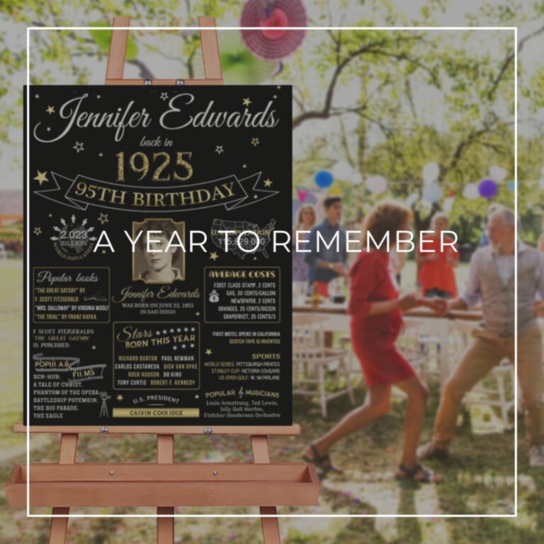 95th birthday facts and trivia sign about year you were born displayed on an easel at a party