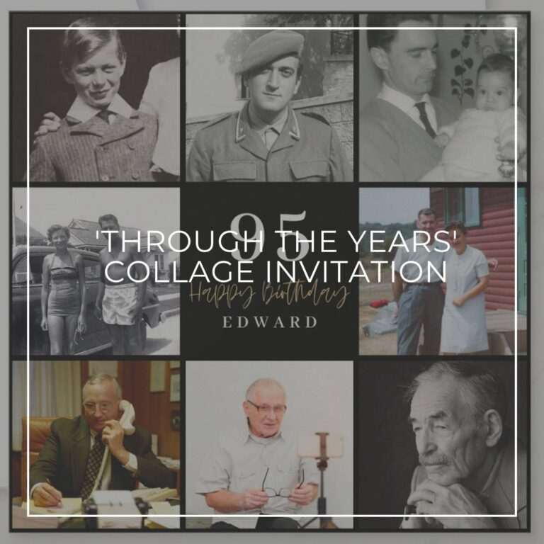 95th birthday party photo collage invitation showing the birthday boy 'through the years'