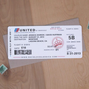 Airplane boarding pass style wedding save the date reading Come Fly With Us for Jessica and David