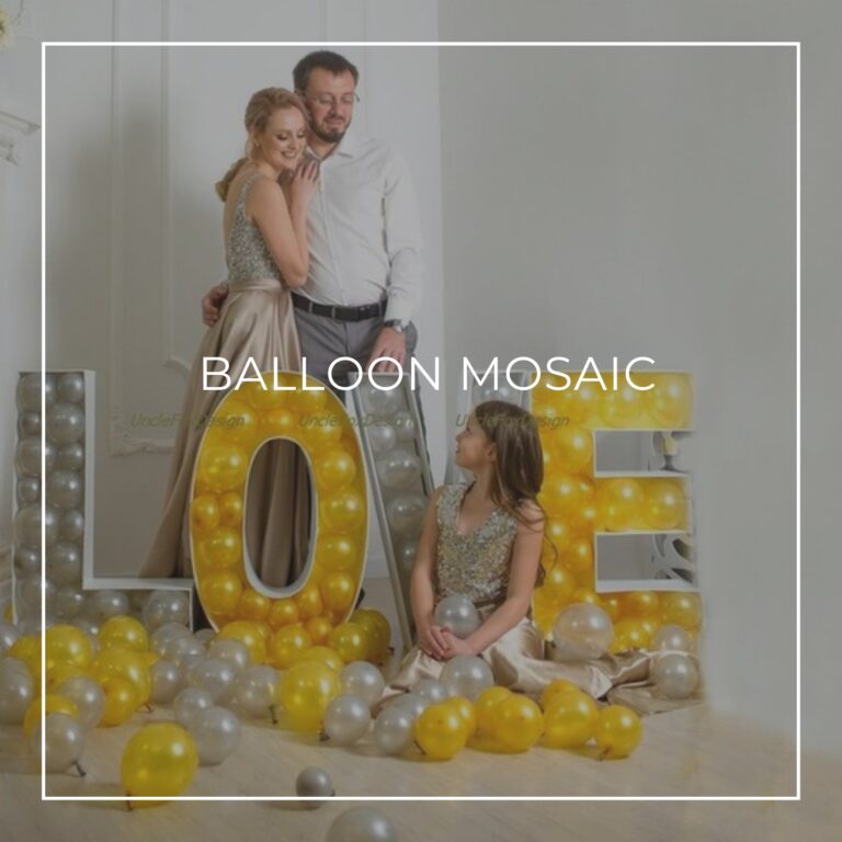 balloon mosaic spelling LOVE for anniversary party decorations