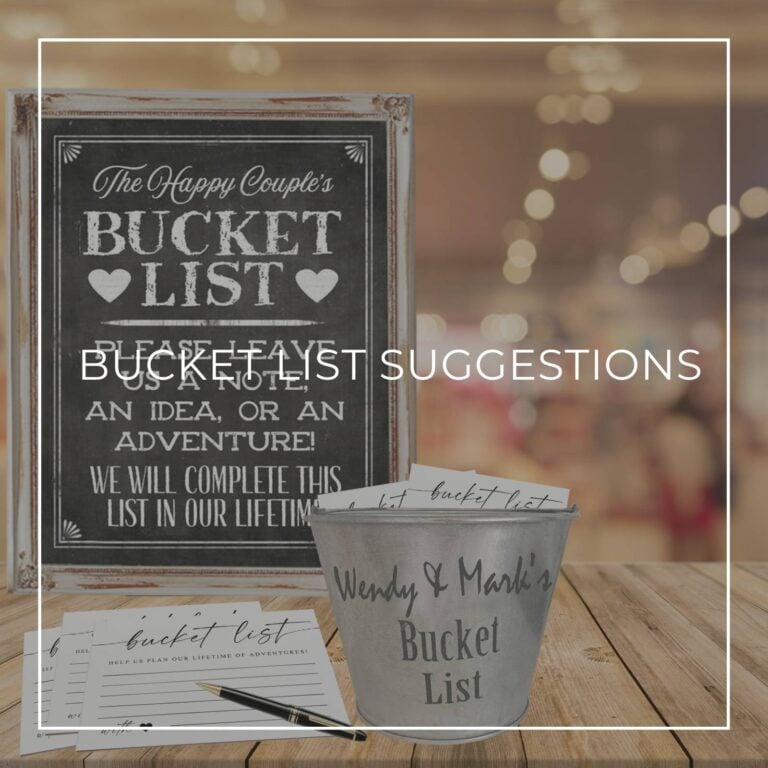 bucket list suggestions cards and sign for an anniversary party