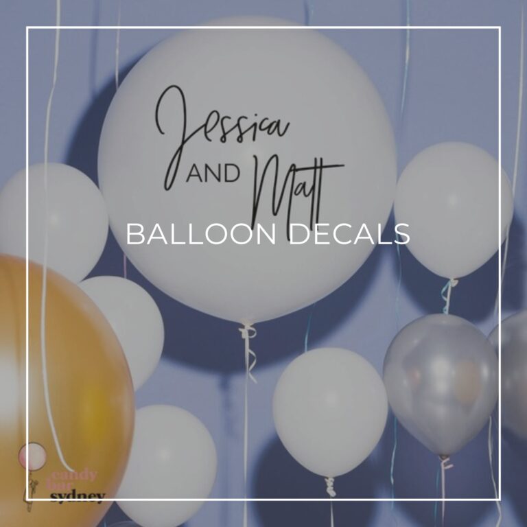 Custom name balloon decals applied to latex balloons for an anniversary party