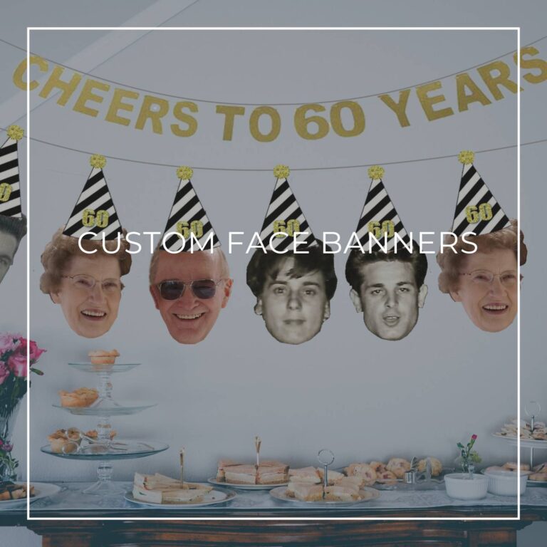 anniversary party custom face photo banners showing the couple at different ages hung above party dessert table