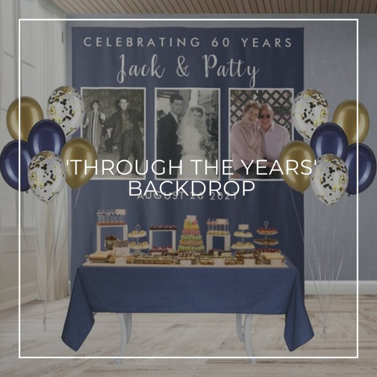 custom photo anniversary party backdrop behind a party dessert table