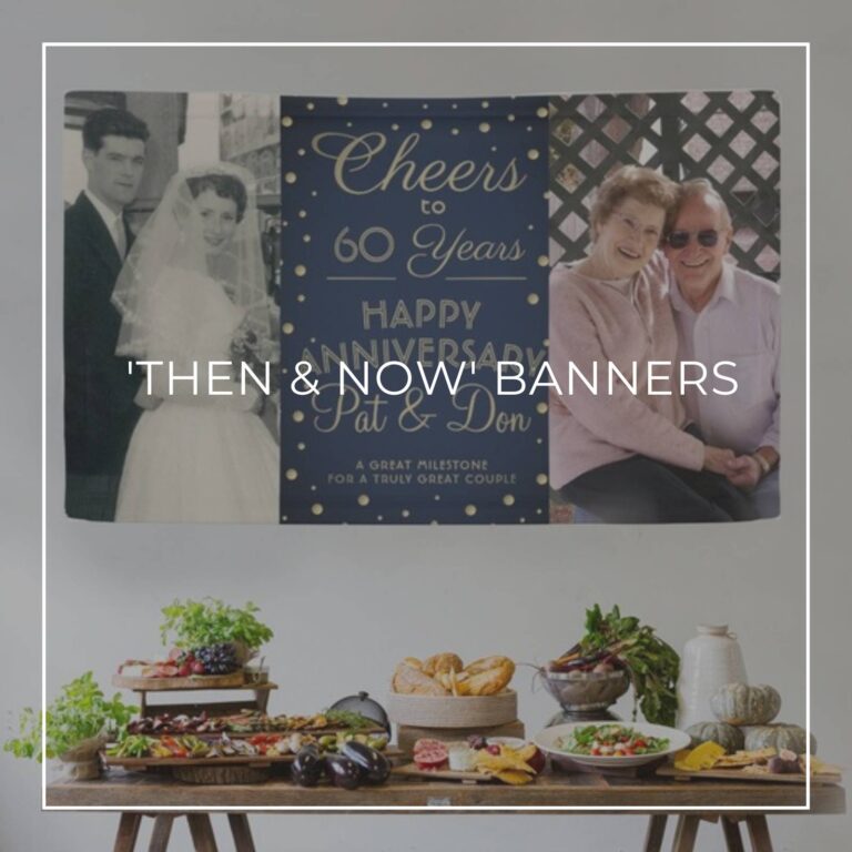 custom 'Then & Now' anniverary party banner decorations hung above party food table