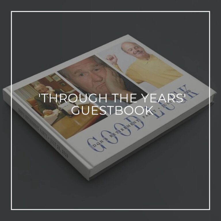 'Through the Years' custom photo anniversary guestbook showing the happy couple through 60 years