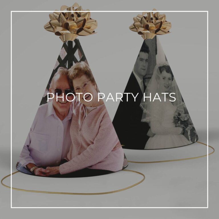 color and black & white photo party hats showing the happy couple now and on their wedding day