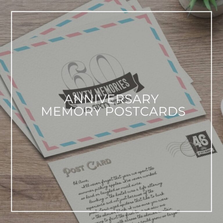 anniversary Share a Memory postcards printed with '60 Memories for 60 Years' on one side and handwritten message on reverse
