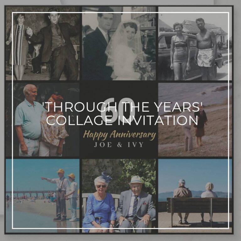 anniversary party photo collage invitation showing the couple 'through the years'