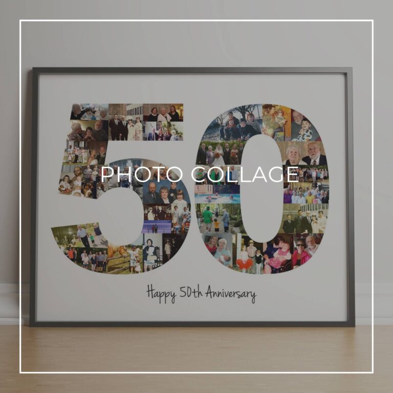 framed Happy 50th Anniversary photo collage with the numbers 50 made up of 'through the years' style photos of the happy couple at different ages