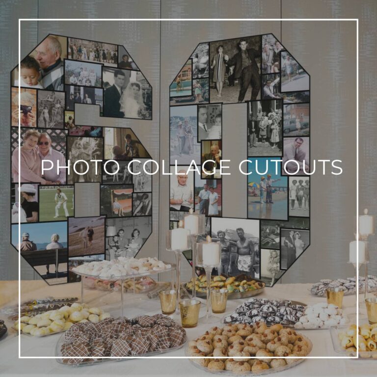 letter 'through the years' photo collage cutout decorations spelling 60 standing on an anniversary party dessert table showing photos of the graduate