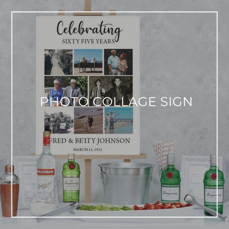 celebrating 65 years anniversary photo collage sign set up on a party drinks table bar