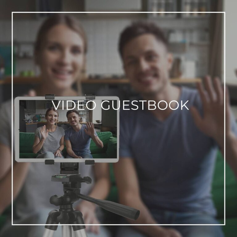 couple recording a video message on a tablet on a tripod for an anniversary party