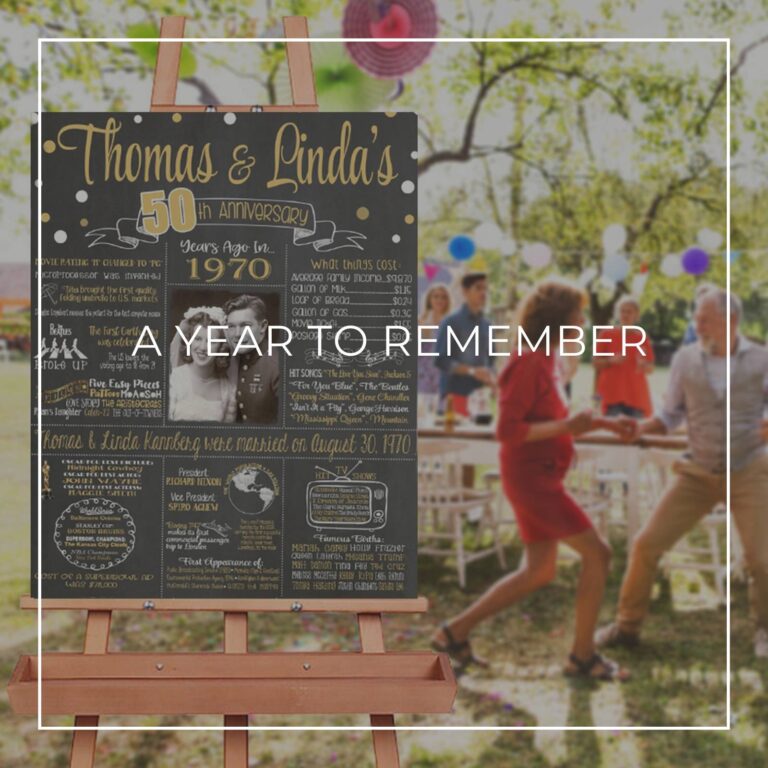 50th anniversary facts and trivia sign about year you were married displayed on an easel at an anniversary party