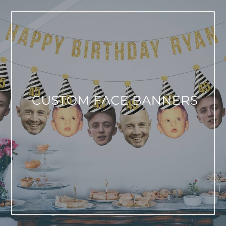 45th birthday custom face photo banners showing birthday boy at different ages hung above party dessert table