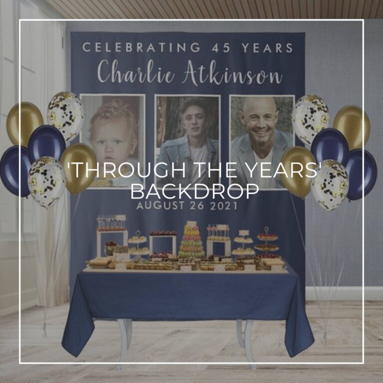 Celebrating 45 Years custom photo birthday backdrop behind a party dessert table
