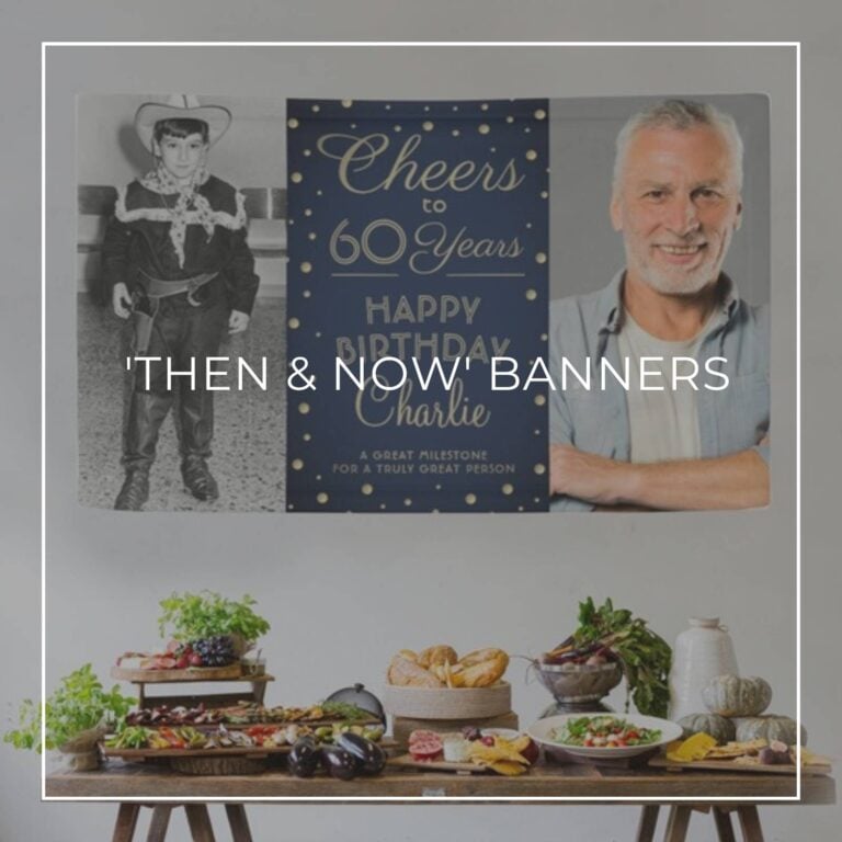 Cheers to 60 Years custom 'Then & Now' photo birthday banner decorations hung above party food table