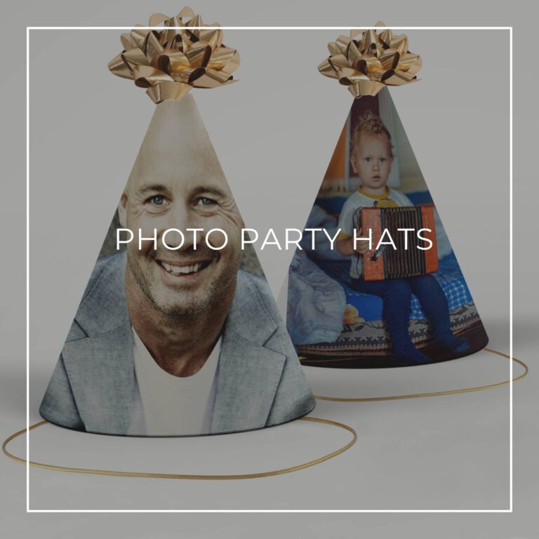 color photo party hats showing the guest of honor now and as a younger child