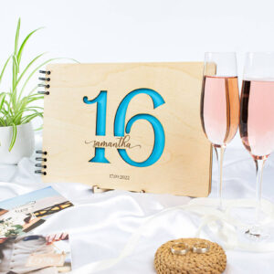wood cover custom birthday party guest book with the number 16 cut out