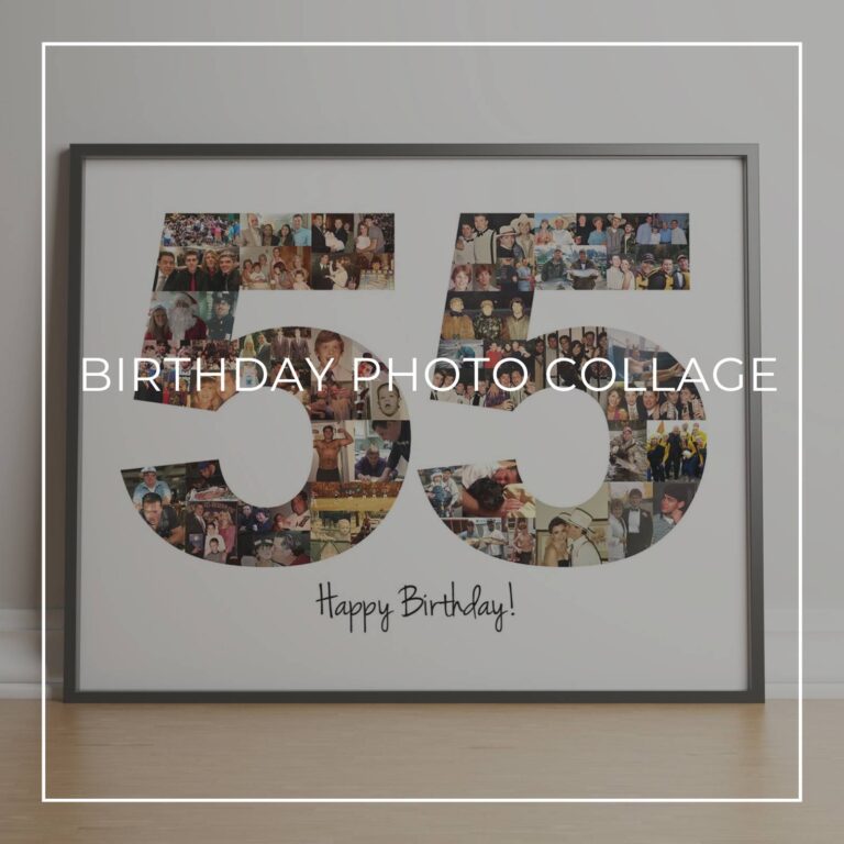 framed Happy Birthday photo collage with the numbers 55 made up of 'through the years' style photos of the birthday boy at different ages