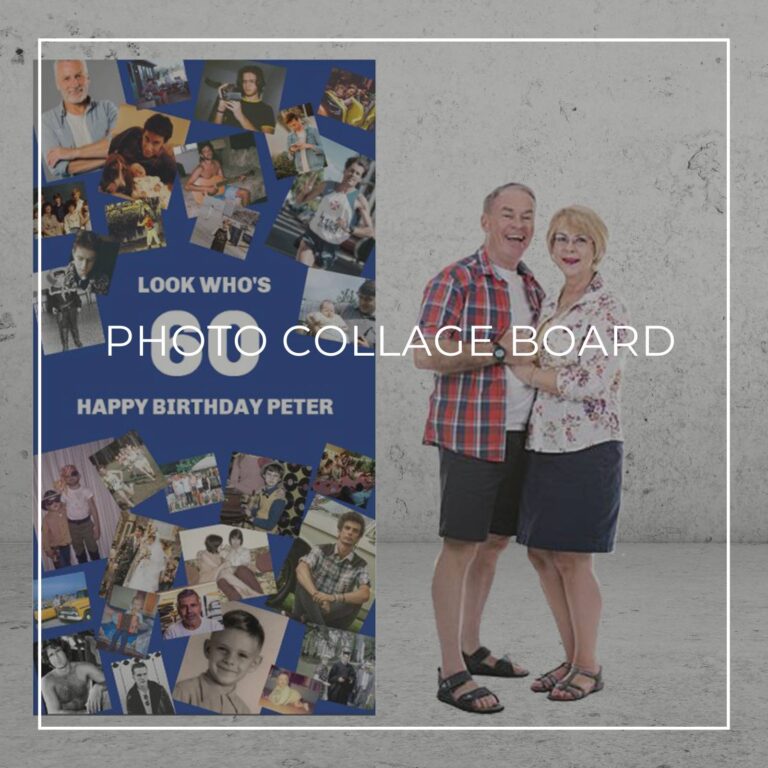 Look who's 50 freestanding birthday photo collage board decoration showing photos of the birthday boy through the years