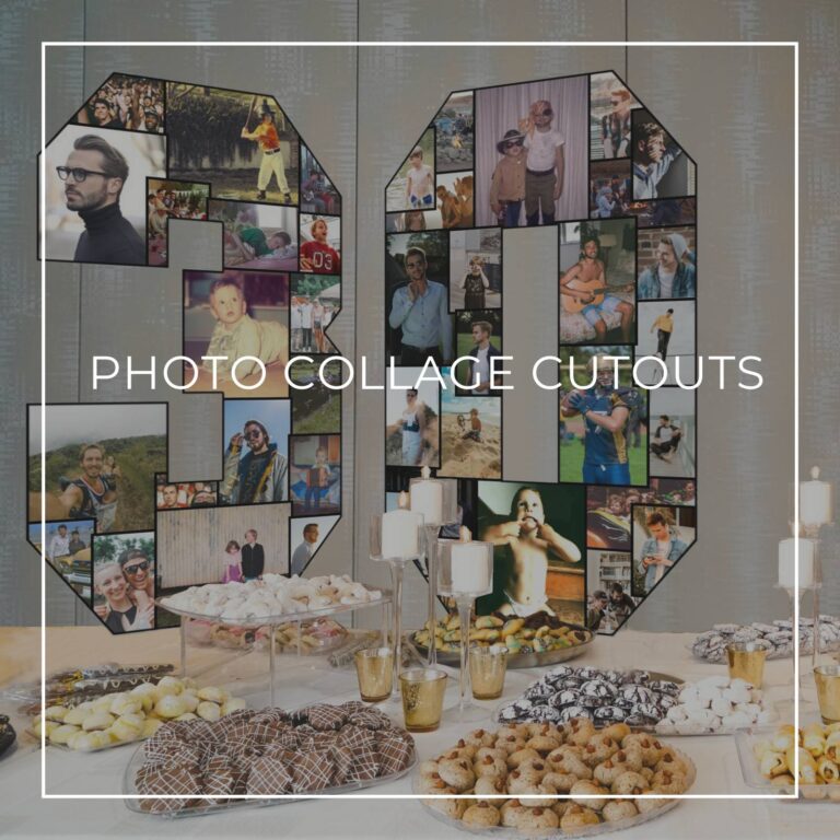 number 30 'through the years' photo collage cutout decorations standing on a party dessert table showing photos of the 30th birthday boy