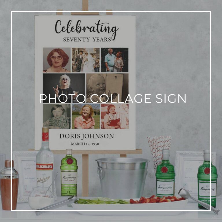 celebrating 70 years birthday photo collage sign set up on a party drinks table bar