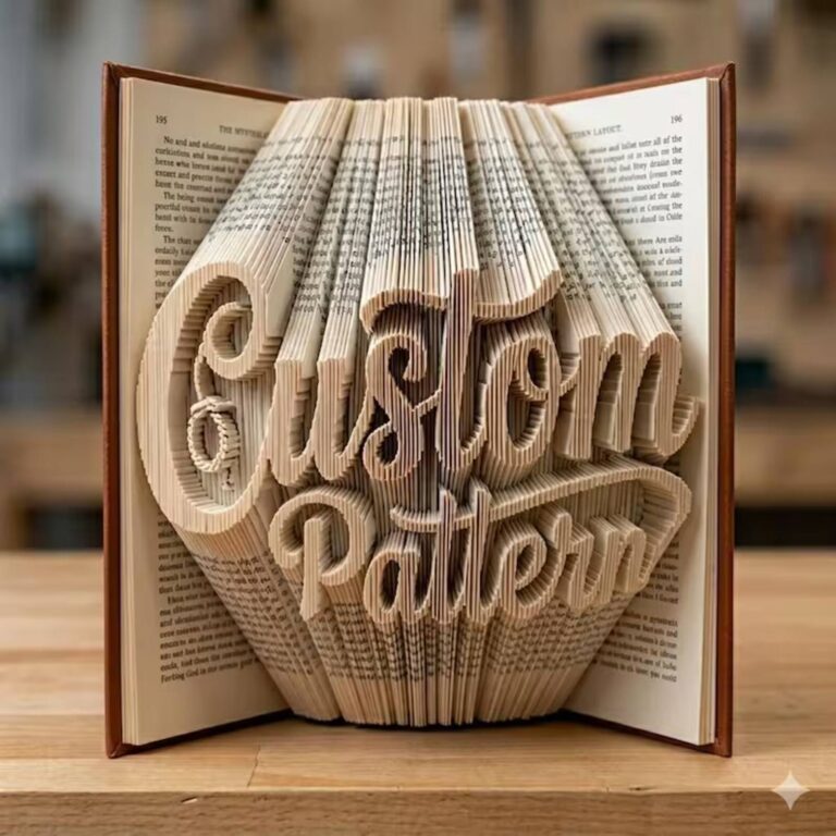 Book folding art spelling “Custom Pattern” to show the technique can be personalized with any wording