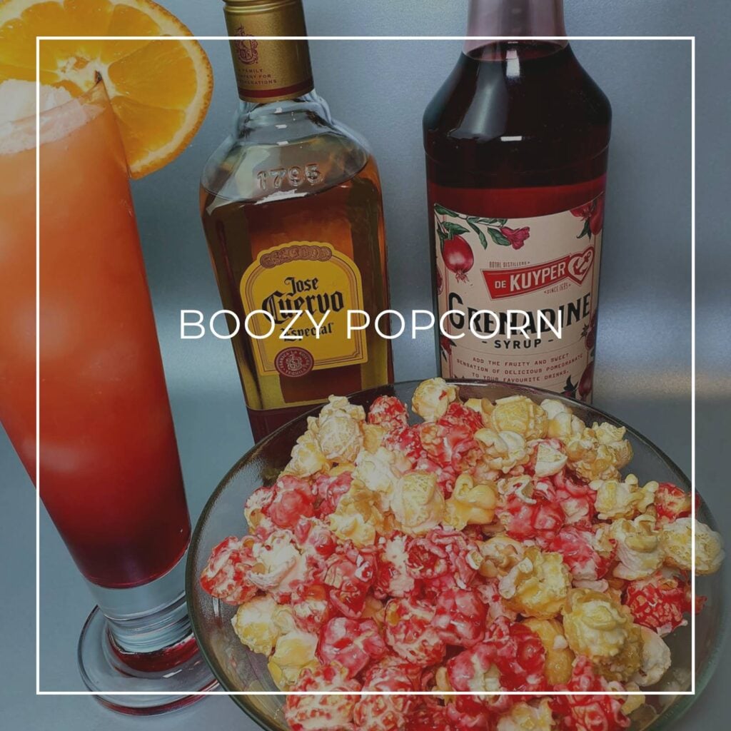 Tequila Sunrise cocktail flavored boozy liquor popcorn alongside a tequila cocktail and bottle