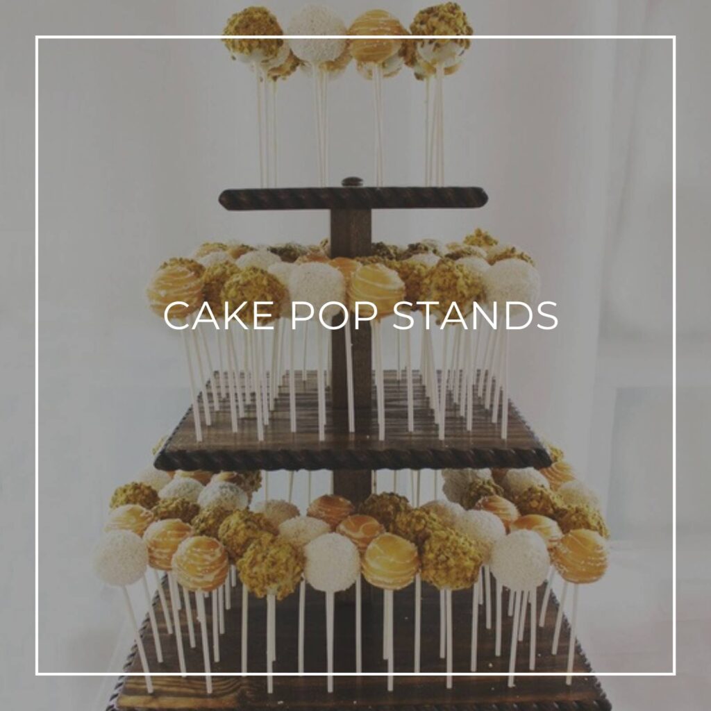 cake pops arranged vertically on a tiered display stand