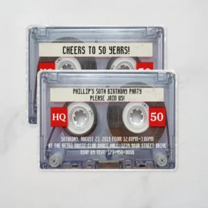 Cassette tape style birthday invitation reading Phillip's 50th Birthday Party