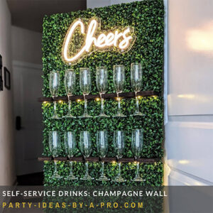 champagne glasses on a boxwood hedge champagne wall with a cheers neon sign