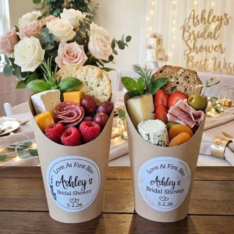 Individual charcuterie cups on a party buffet spread