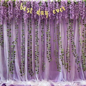 purple and white chiffon tulle fabric party backdrop for a wedding party