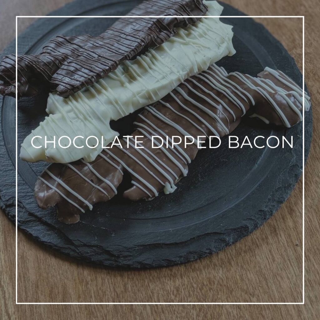 dark, white, and milk chocolate covered bacon