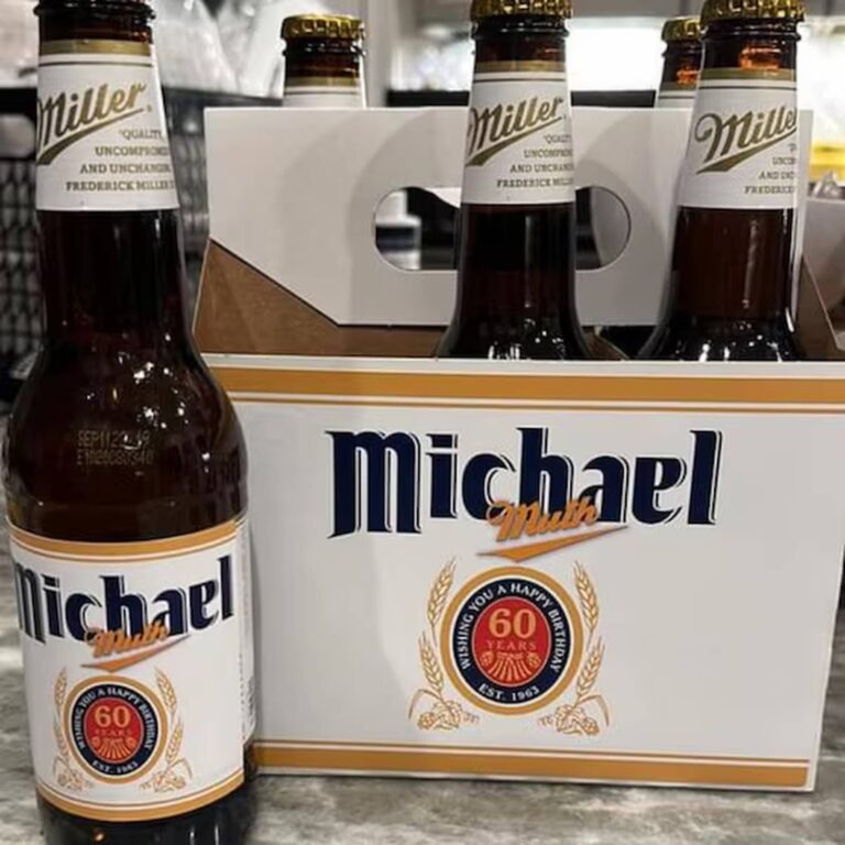 Six-pack of Miller bottles with a custom "Michael, Wishing You a Happy Birthday, 60 Years" label