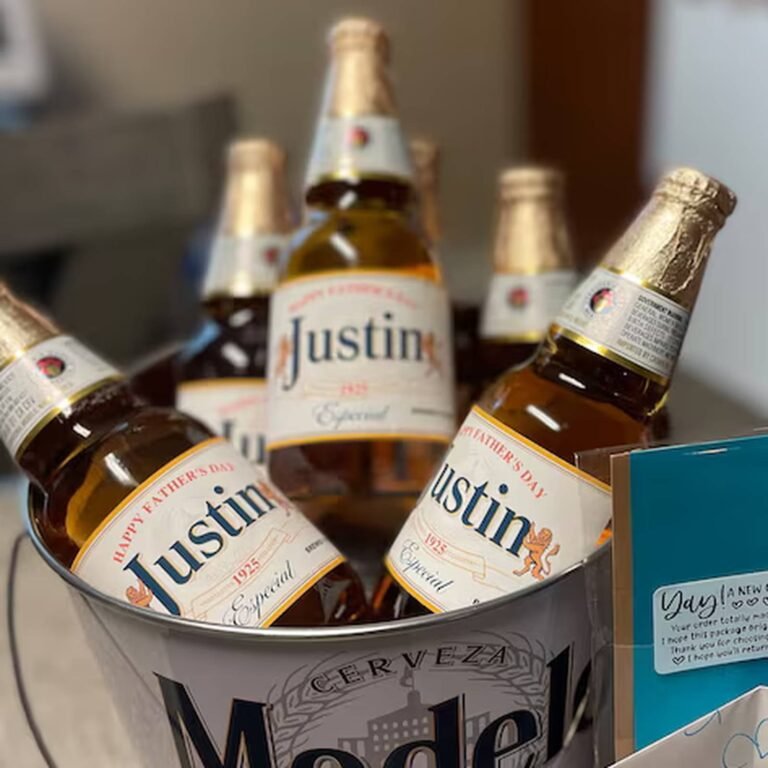 Corona-style bottles in a Modelo bucket with custom "Justin, Happy Father's Day, Especial 1925" labels