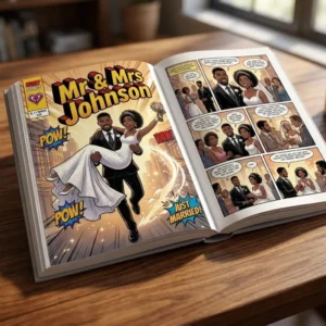 Personalized wedding comic book cover reading Mr and Mrs Johnson, open to an inside page