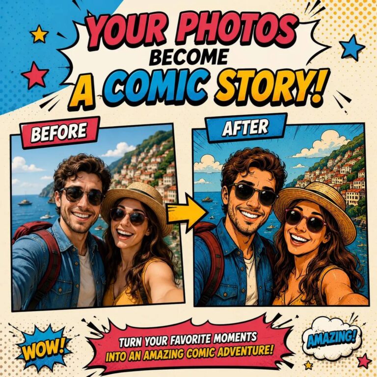 Before-and-after ad showing a couple’s selfie turned into “Your Photos Become a Comic Story!” art