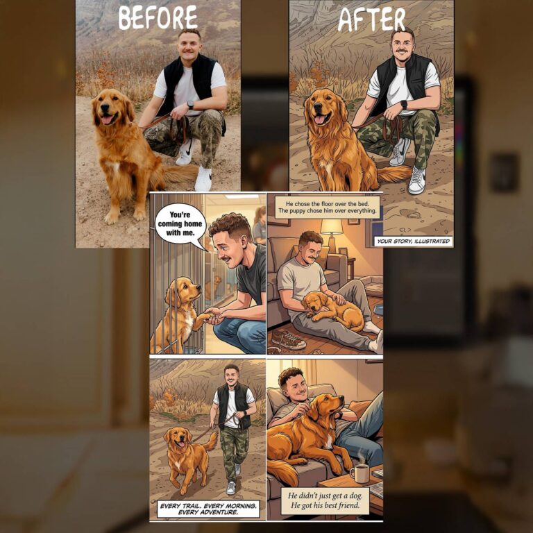 Man and golden retriever comic book, panel captioned “He didn’t just get a dog. He got his best friend.”