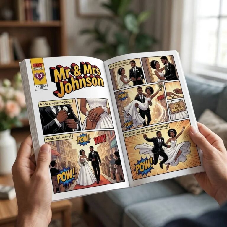 Wedding-themed comic book cover “Mr & Mrs Johnson” from Heart Comics, showing ceremony panels