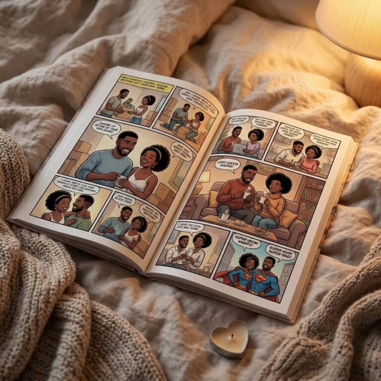 Couple’s moving-in comic book, final panel captioned “Super-Mom nights! Super-Dad nights!”